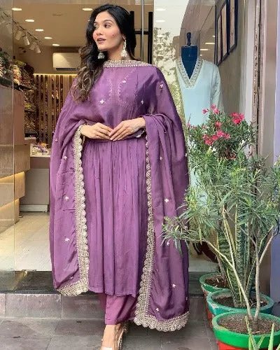 Lavender Alia Cut Chinon Silk Anarkali Suit Set