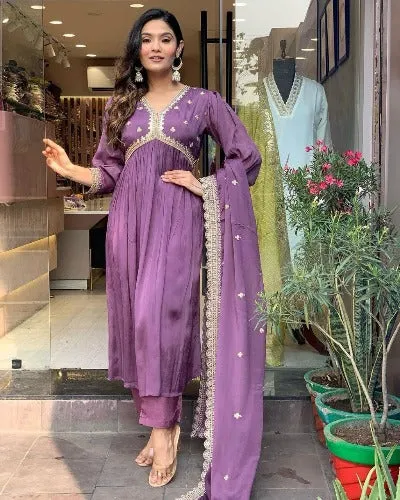 Lavender Alia Cut Chinon Silk Anarkali Suit Set