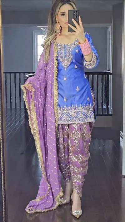 Lavender & Blue Sequence Punjabi Dhoti Salwar Suit