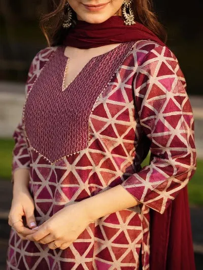 Maroon Intricate Proceen Print Cotton Salwar Suit Set