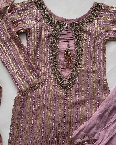 Mauve Georgette Sequence Designer Work Palazzo Suit Set