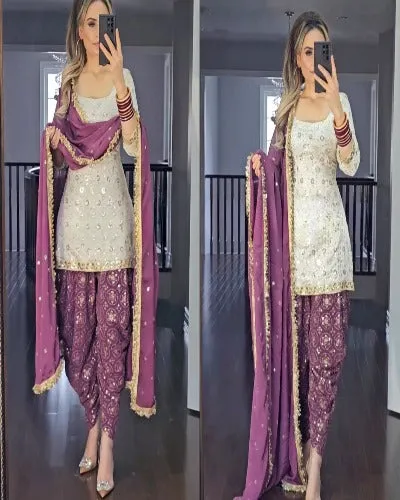 Mauve Pink & White Sequence Punjabi Dhoti Salwar Suit