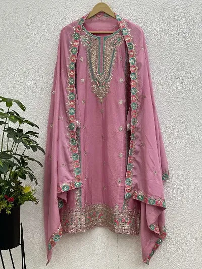 Mauve Pink Pure Chinon Silk Embroidered Salwar Suit Set