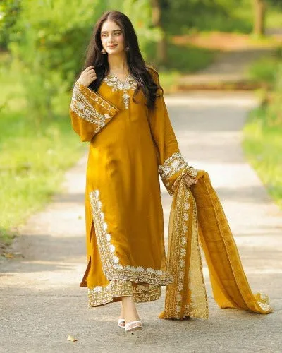 Mustard Yellow Maska Silk Embroidered Salwar Suit Set