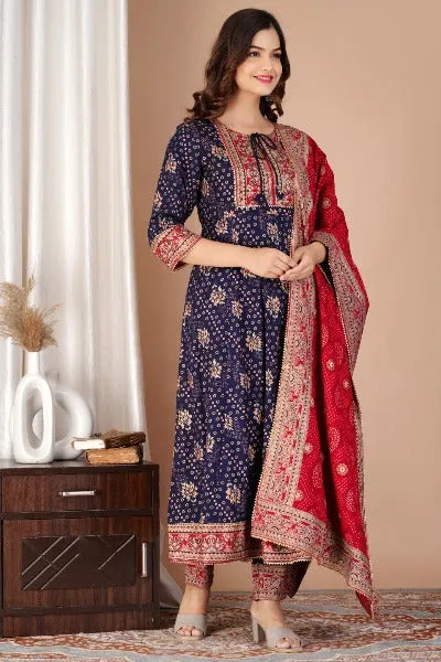 Navy Blue Foil Print Cotton Anarkali Suit Set