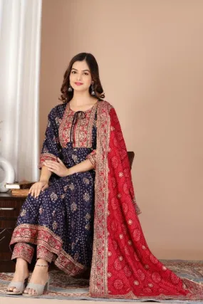 Navy Blue Foil Print Cotton Anarkali Suit Set