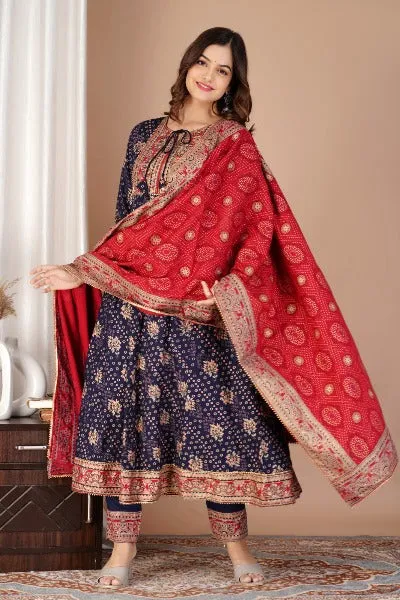 Navy Blue Foil Print Cotton Anarkali Suit Set