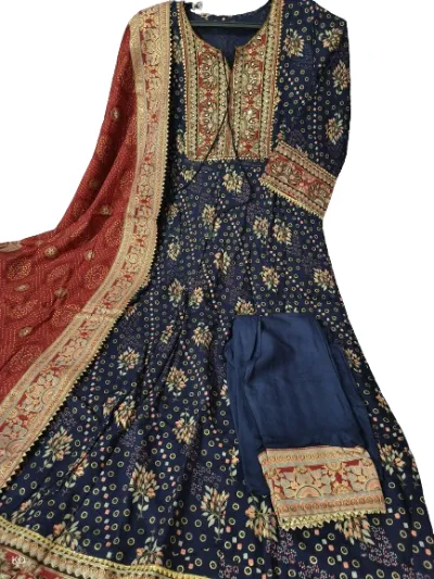 Navy Blue Foil Print Cotton Anarkali Suit Set