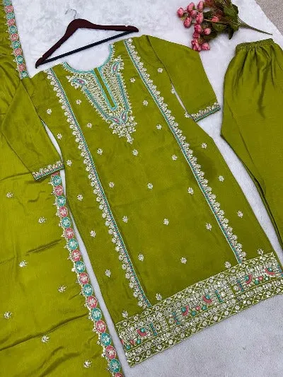 Olive Green Pure Chinon Silk Embroidered Salwar Suit Set