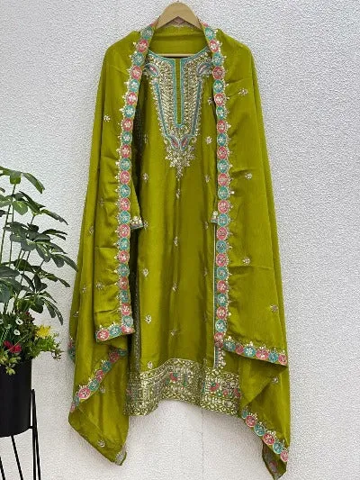 Olive Green Pure Chinon Silk Embroidered Salwar Suit Set