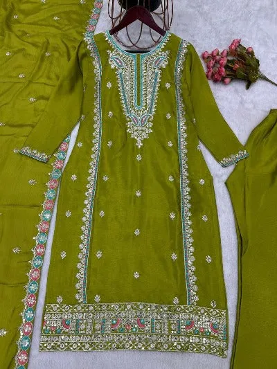 Olive Green Pure Chinon Silk Embroidered Salwar Suit Set