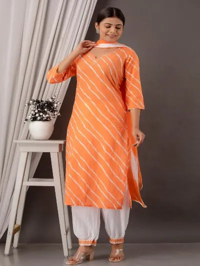 Orange Afghani Leheriya Cotton Salwar Suit Set 3pc