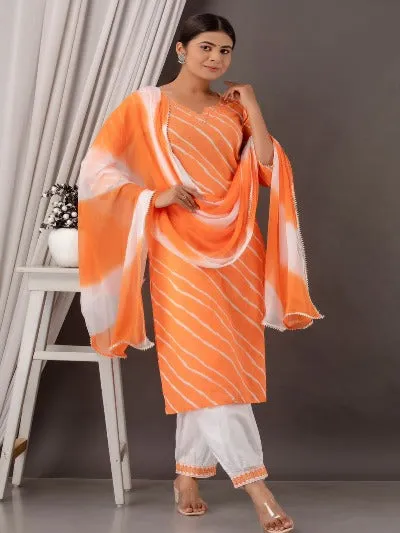 Orange Afghani Leheriya Cotton Salwar Suit Set 3pc