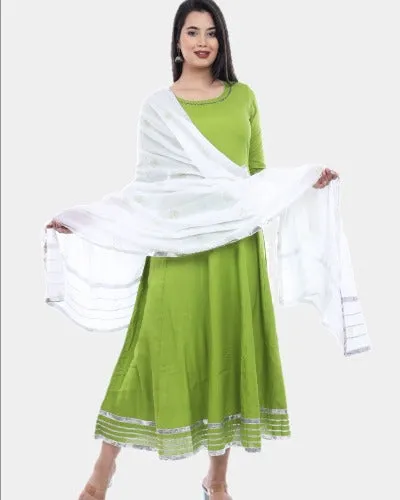 Parrot Green Lace & Handwork Anarkali Gown With Dupatta