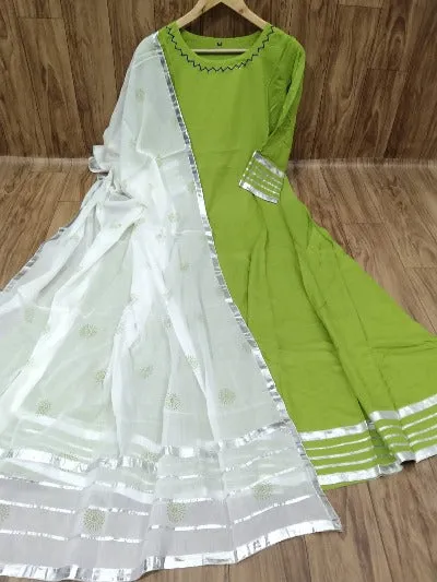 Parrot Green Lace & Handwork Anarkali Gown With Dupatta