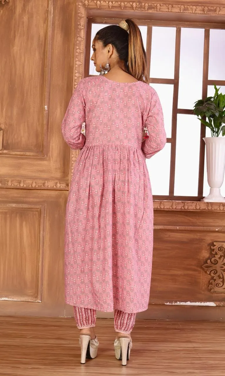 Party Wear Cotton Women Kurta Plazo Suit Pink