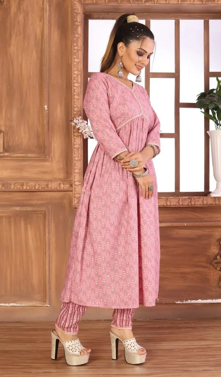 Party Wear Cotton Women Kurta Plazo Suit Pink