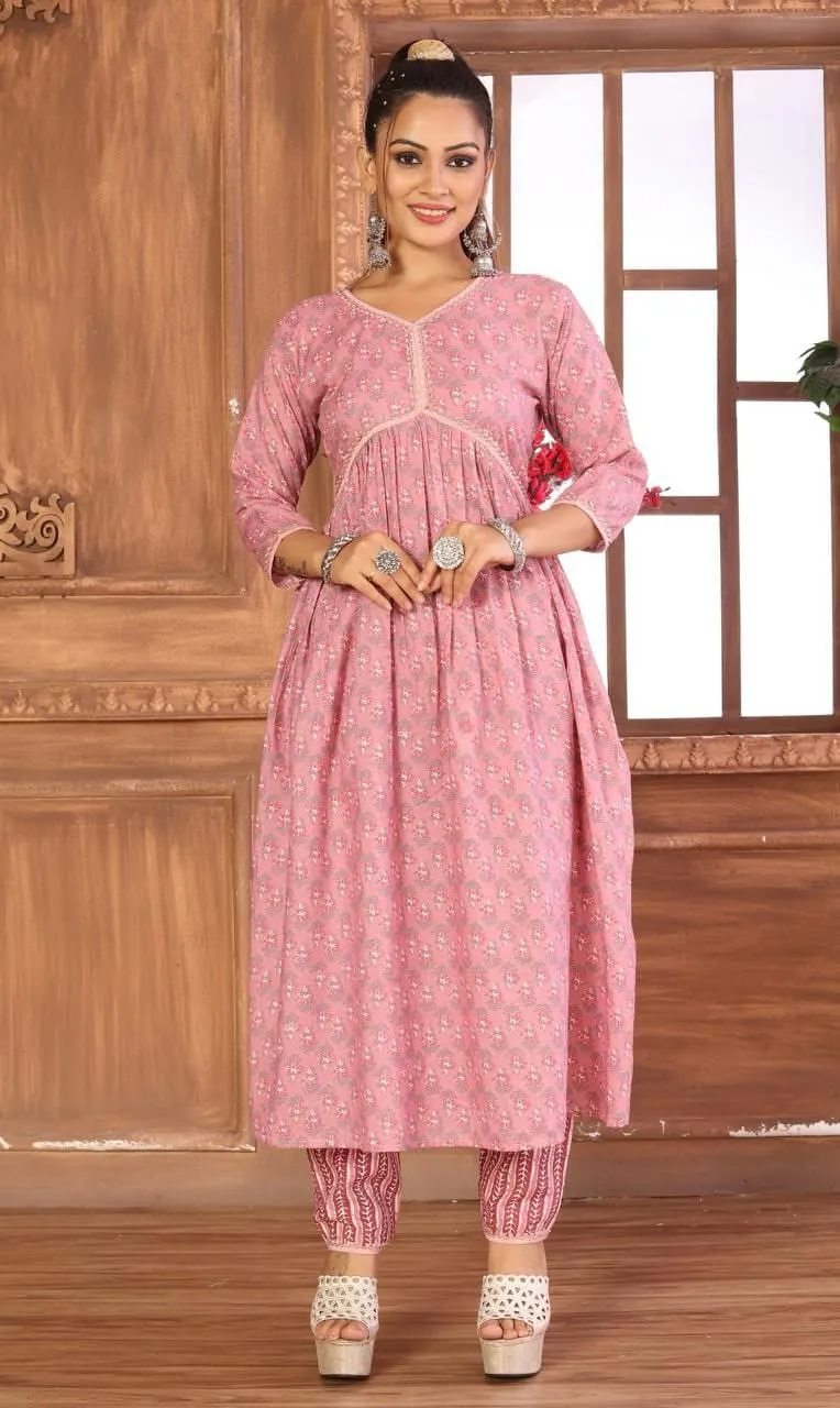 Party Wear Cotton Women Kurta Plazo Suit Pink