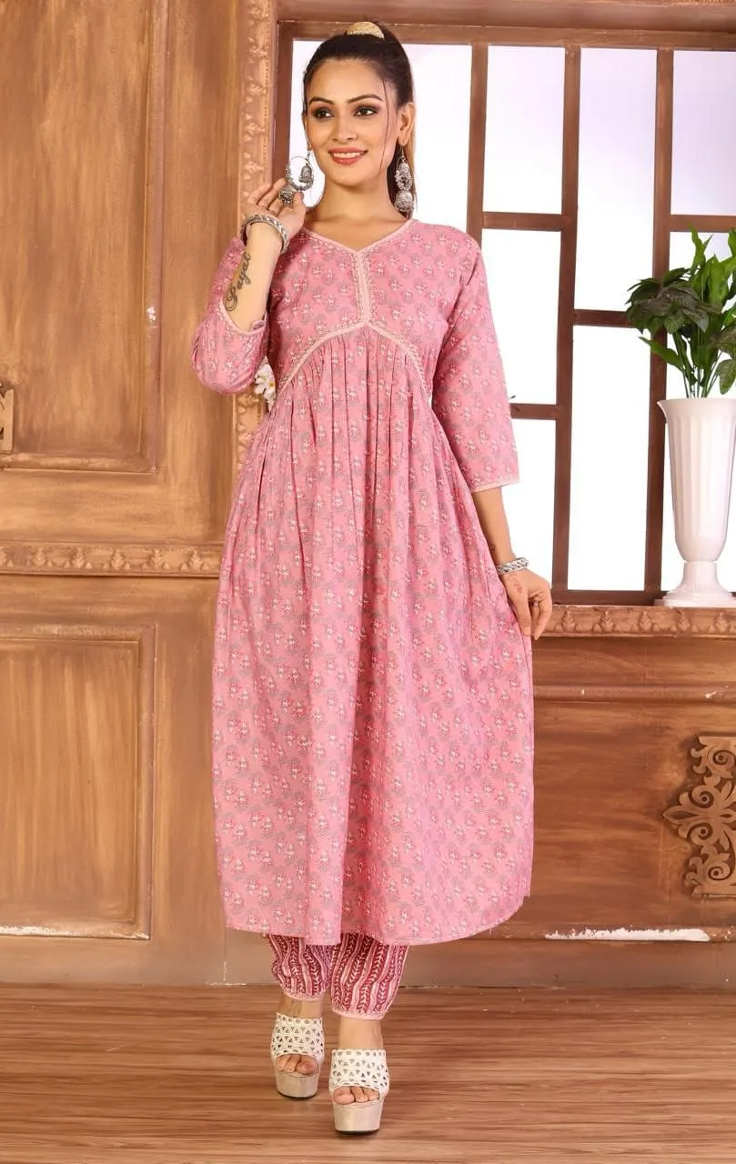 Party Wear Cotton Women Kurta Plazo Suit Pink