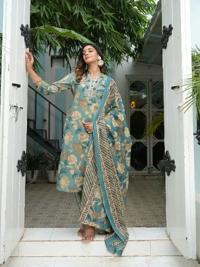 Pastel Blue Floral Cotton Afghani Style Salwar Suit Set