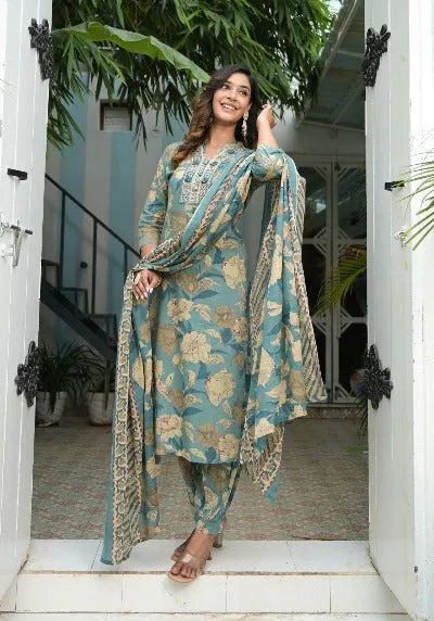 Pastel Blue Floral Cotton Afghani Style Salwar Suit Set