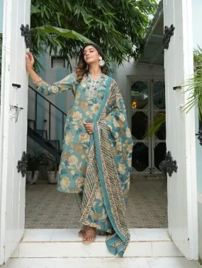 Pastel Blue Floral Cotton Afghani Style Salwar Suit Set