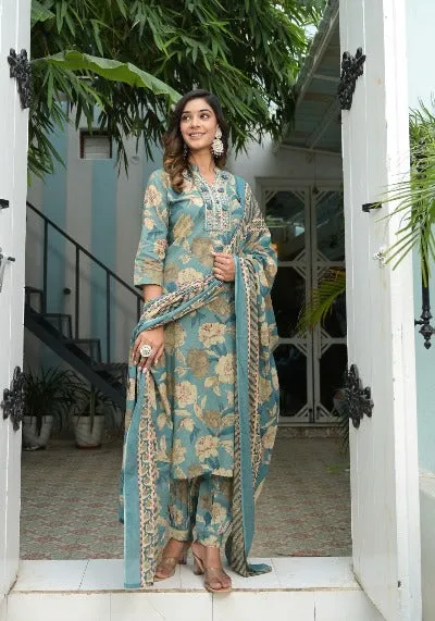 Pastel Blue Floral Cotton Afghani Style Salwar Suit Set