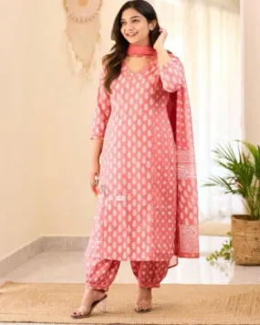 Peach Saganeri Print Afghani Pattern Cotton Anarkali Suit Set