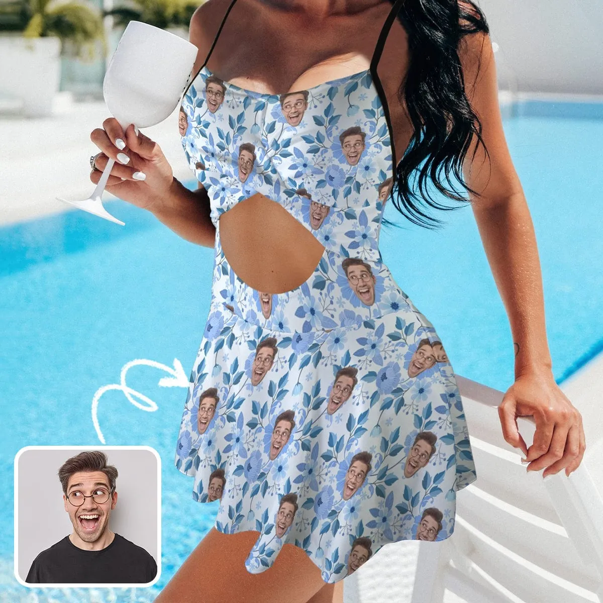 Personalized Face Blue Swimsuit Dress Custom Face Blue leaves Women's Cutout Cross Back Swimming Dress Face Bathing Suit