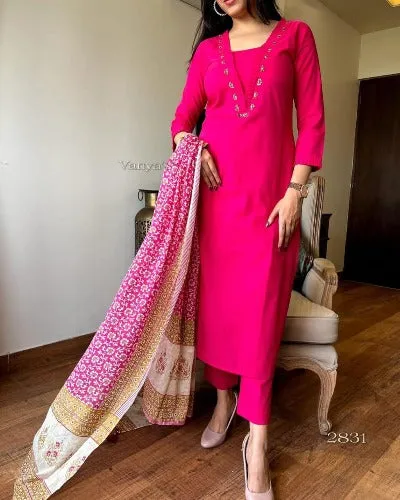 Pink Cotton Adda Handwork Salwar Suit Set