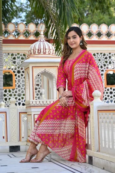 Pink Cotton Printed Embroidered Salwar Suit Set