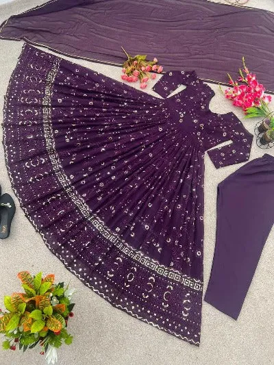 Purple Georgette Heavy Embroidered Designer Anarkali Gown Set