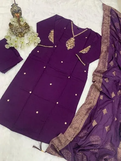 Purple Pure Chanderi Embroidery Work Salwar Suit Set