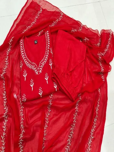 Red Cotton Handwork Detailing Salwar Suit Set