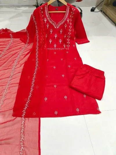 Red Cotton Handwork Detailing Salwar Suit Set