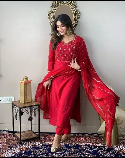 Red Cotton Handwork Detailing Salwar Suit Set