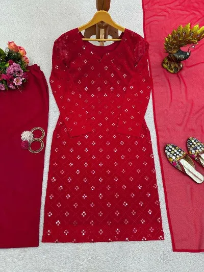 Red Georgette Sequence Designer Work Straight Suit Set