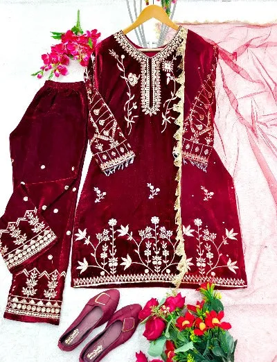 Red Pure Velvet Sequins Embroidered Salwar Suit Set