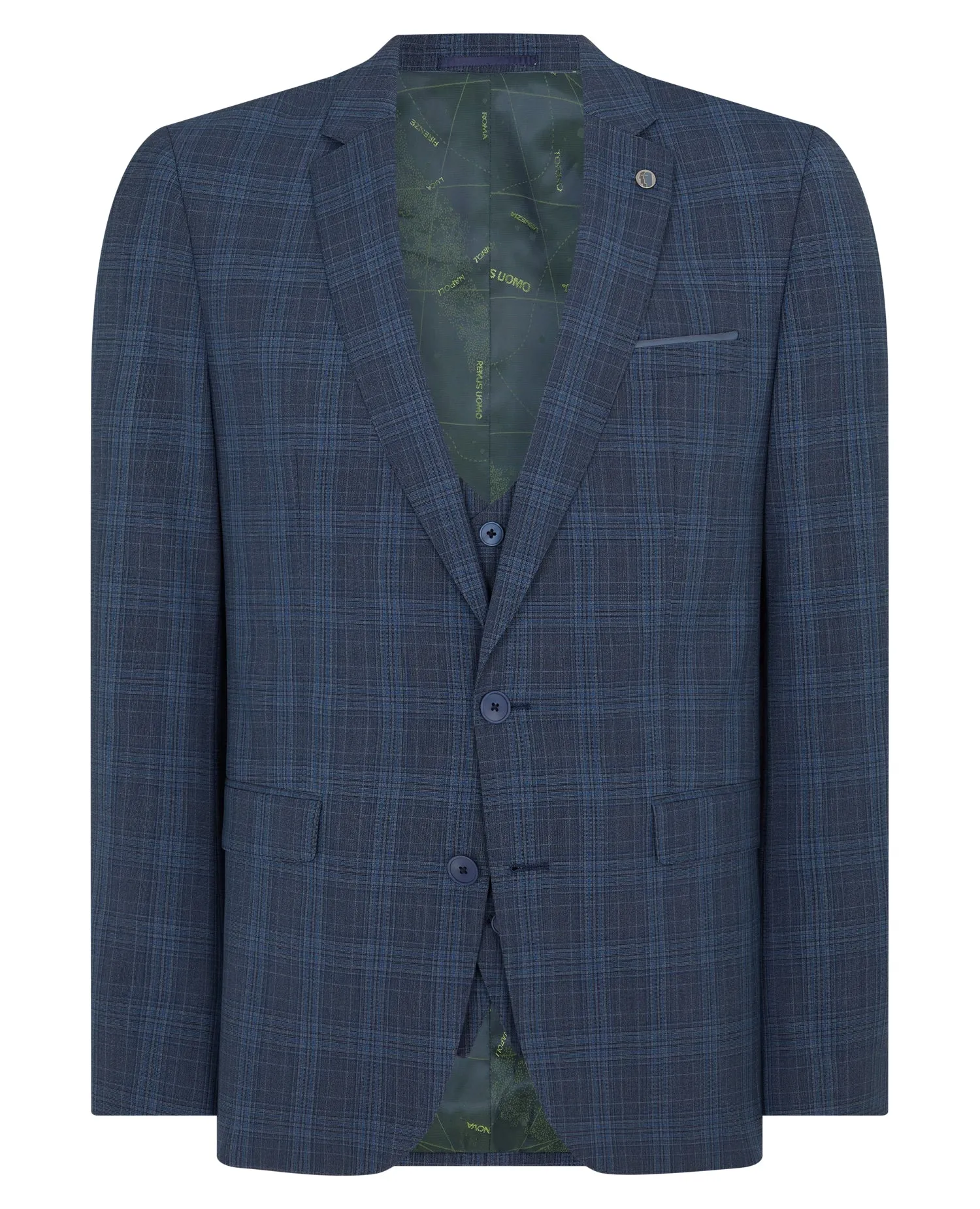 REMUS UOMO Slim Fit Wool Rich Mix & Match Check Suit/Blue - New SS23