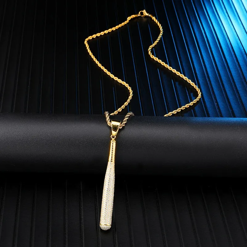 Rhinestone-Studded Baseball Bat Bling Hip-hop Pendant Necklace