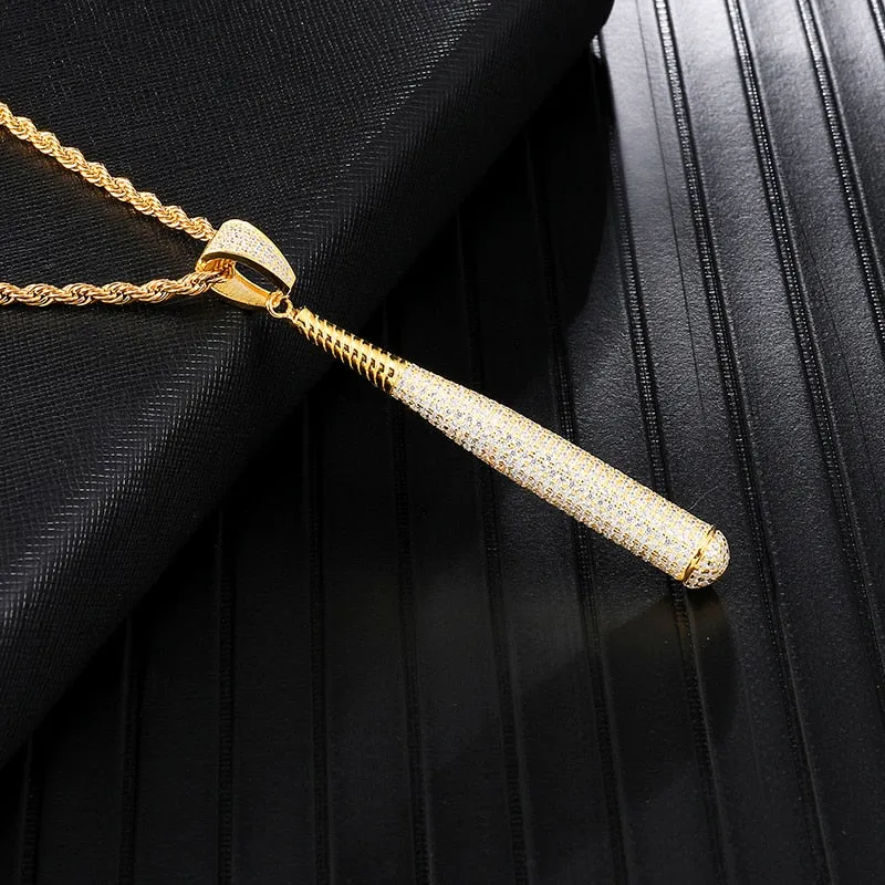 Rhinestone-Studded Baseball Bat Bling Hip-hop Pendant Necklace