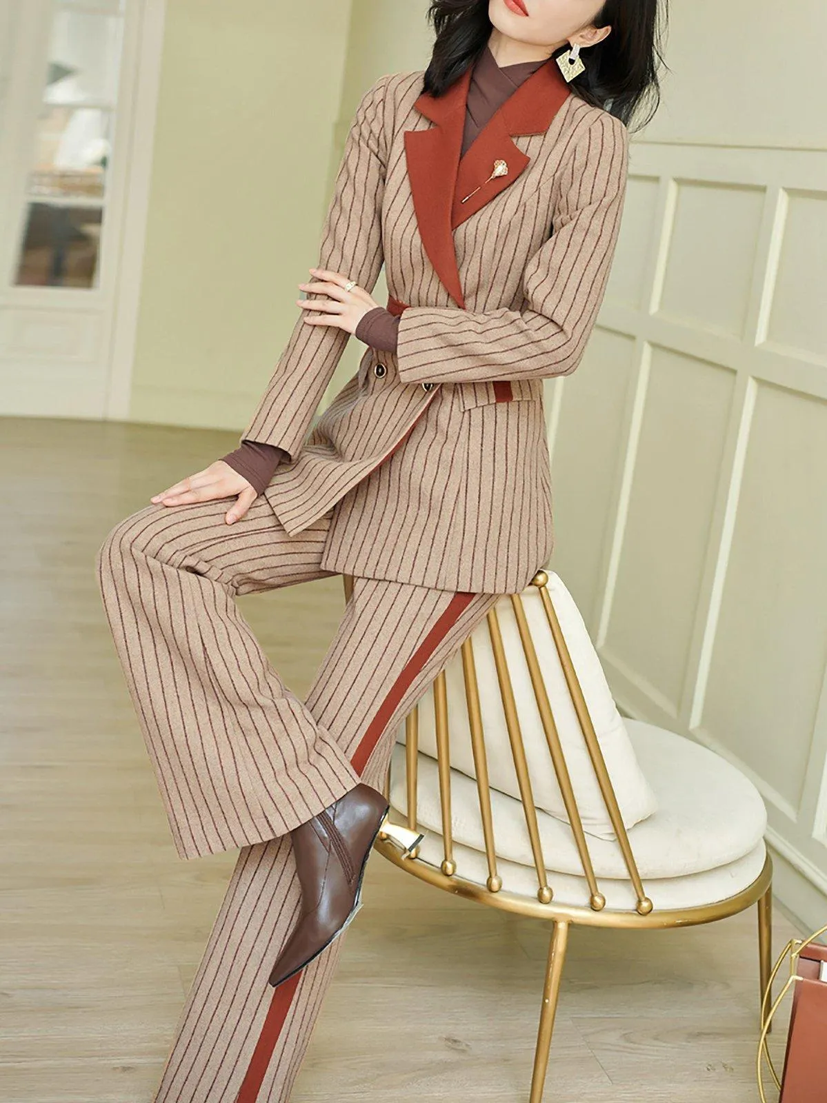 Striped Wool Blend Belted Blazer & Flare Pants