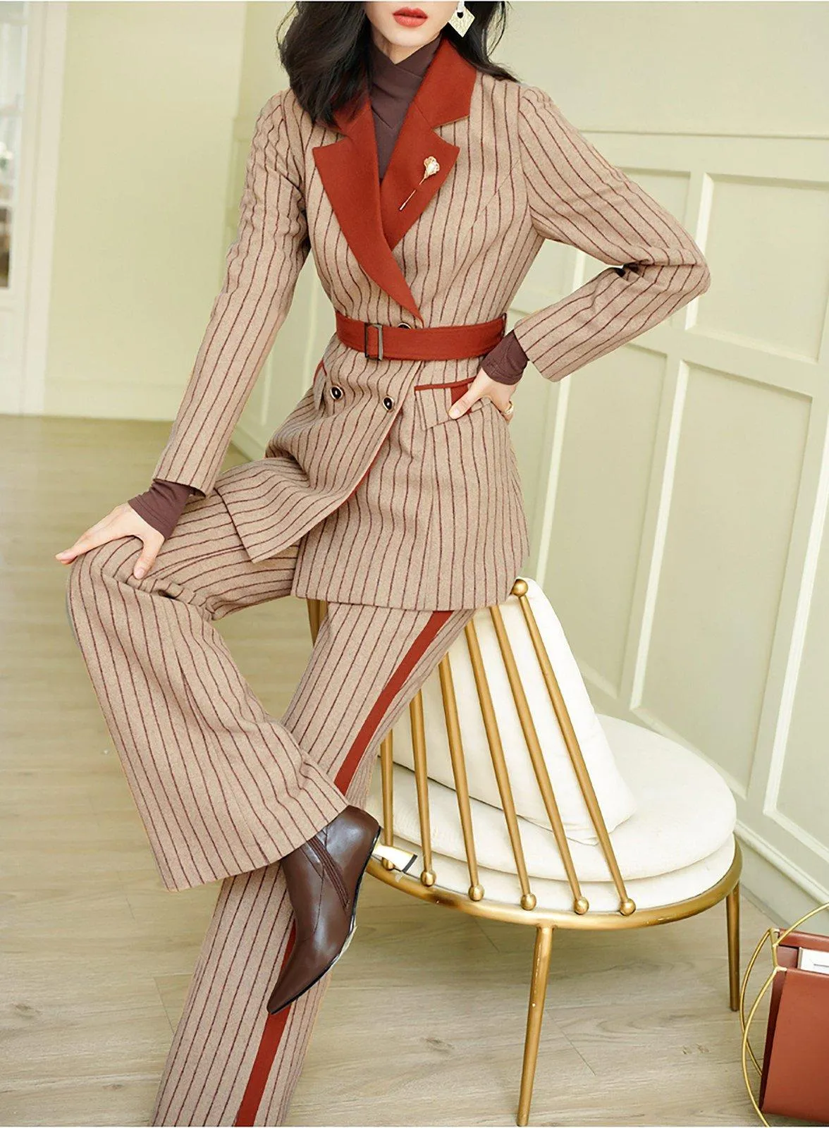 Striped Wool Blend Belted Blazer & Flare Pants