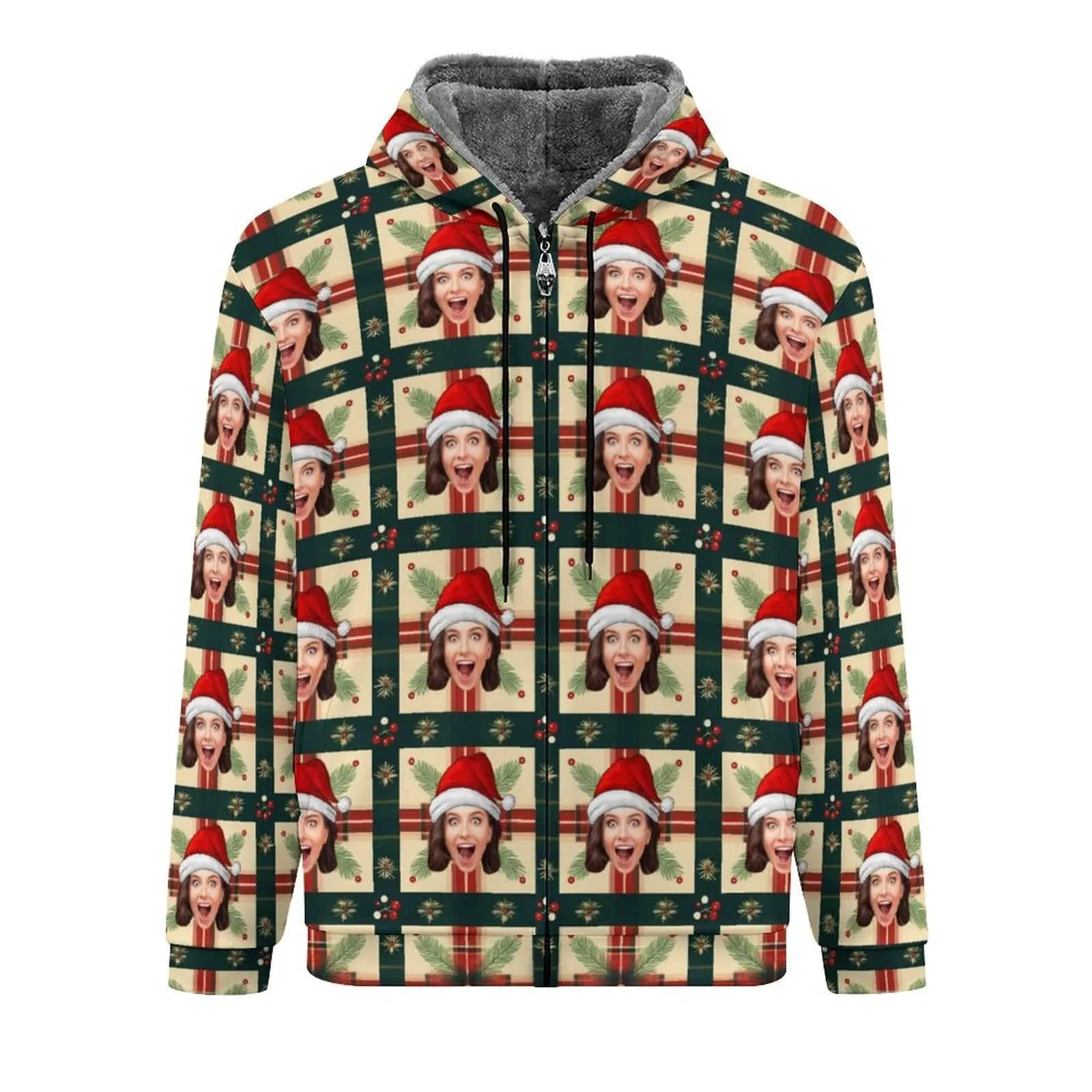 [Thick and Warm]Custom Face Green Grid Christmas Hat Full Zip Hoodie Double Layer Fleece Thickened Jacket