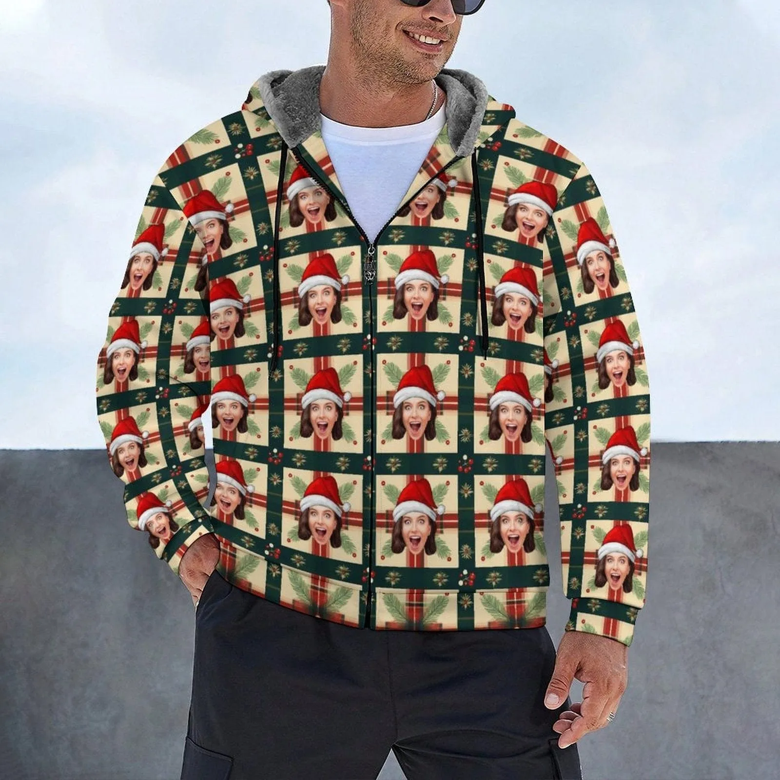 [Thick and Warm]Custom Face Green Grid Christmas Hat Full Zip Hoodie Double Layer Fleece Thickened Jacket