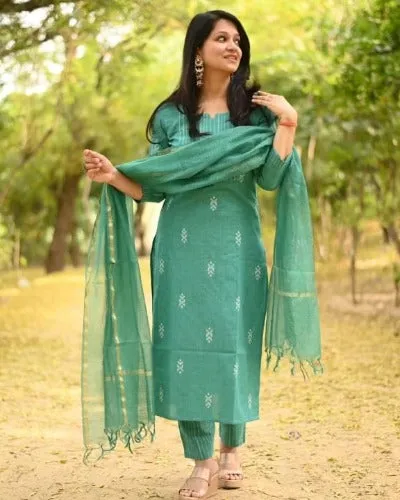 Turquoise Blue Handloom South Cotton Salwar Suit Set