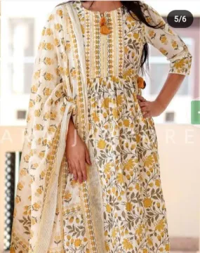 White & Yellow Fresh Floral Print Cotton Salwar Suit Set