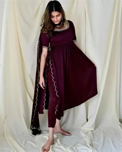 Wine Chiffon Nyra Cut Salwar Suit Set