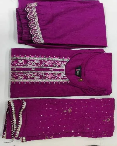 Wine Rayon Suit Set With Chanderi Dupatta