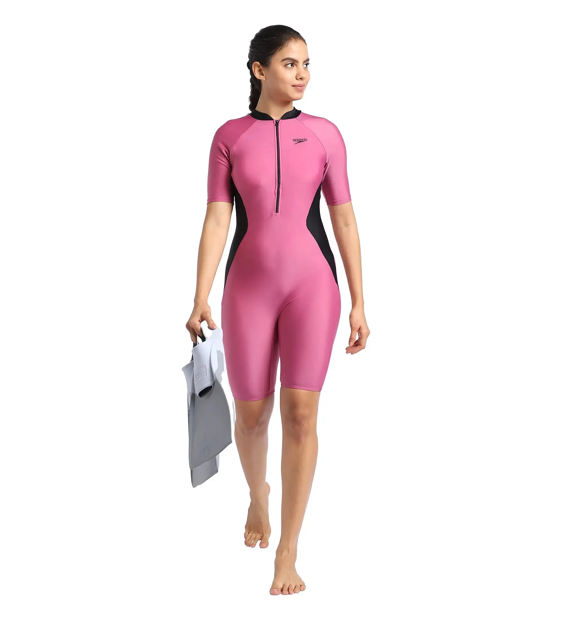 Women's Essential Panel Kneesuit Swimwear  - Hotmauve  &  Black